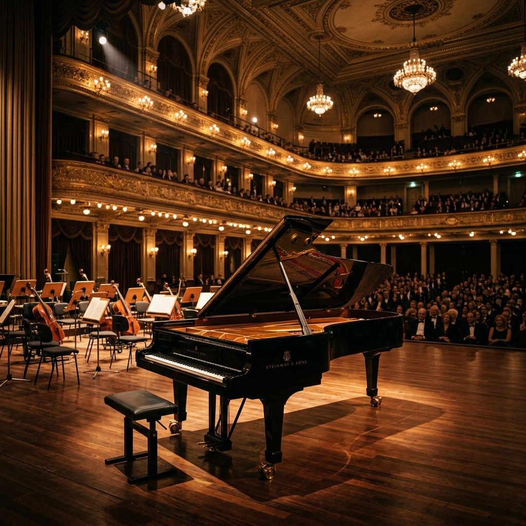 Majestic concert grand piano on an elegant stage in a grand symphony hall, illuminated by warm cinematic spotlights.