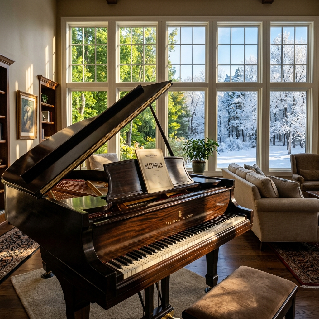 Grand piano in a living room experiencing seasonal humidity changes