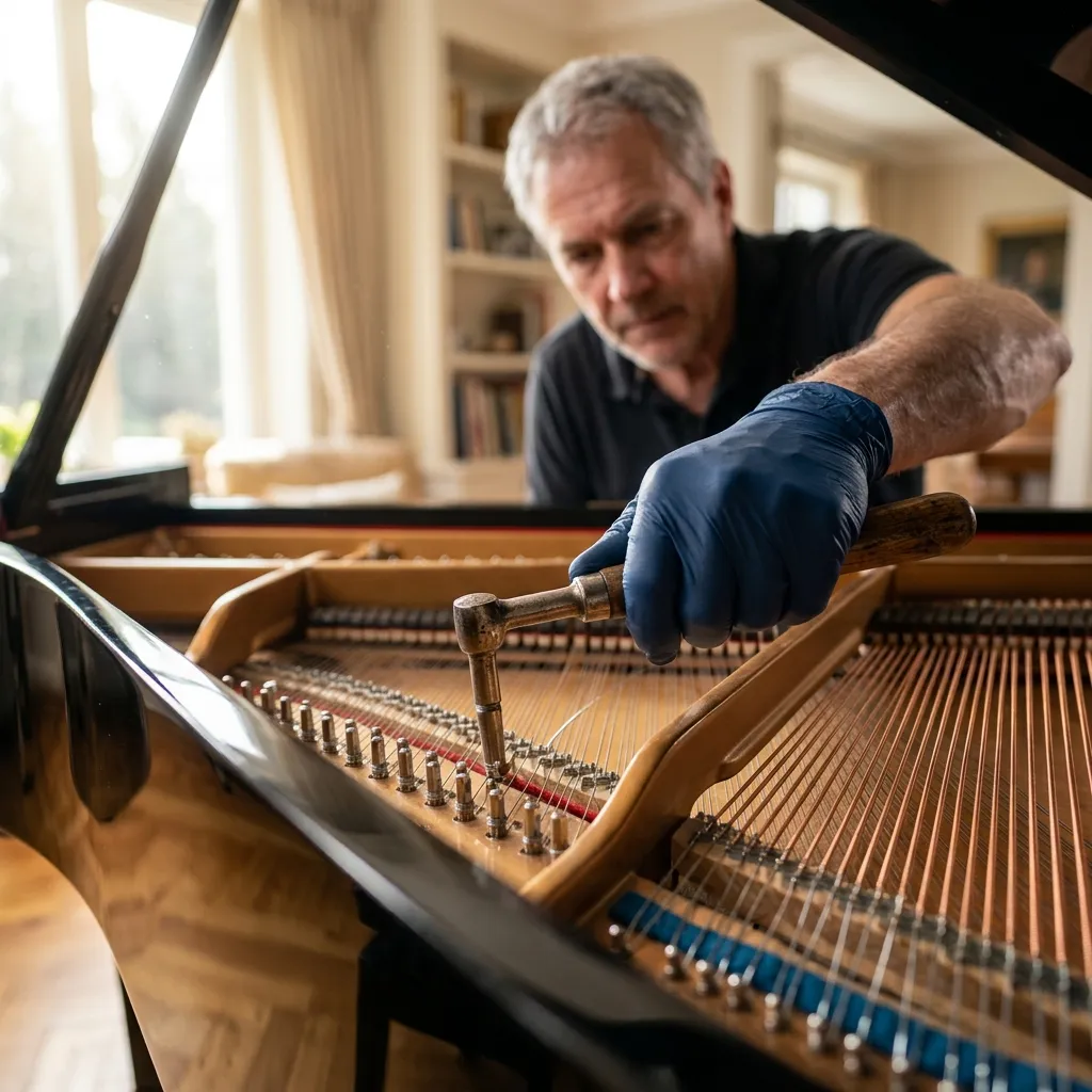 A professional piano technician carefully tuning a grand piano in a sunlit living room.